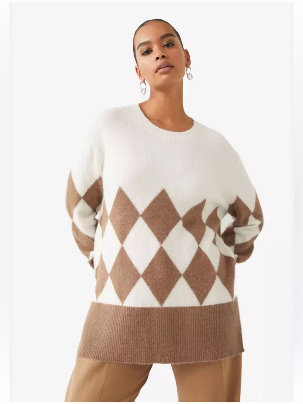 & Other Stories Oversize Argyle Alpaca Blend Sweater Cream and Brown Size Small